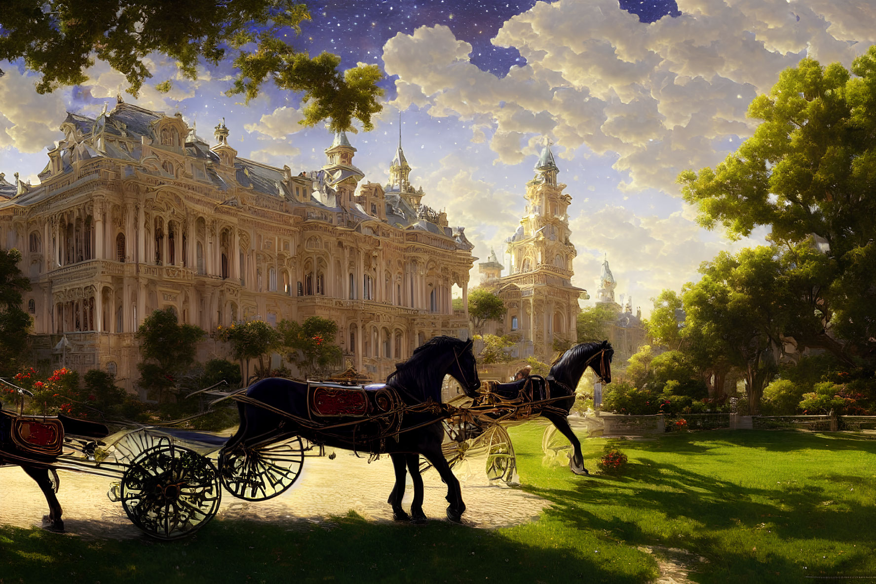 Ornate palace with horse-drawn carriage in lush gardens