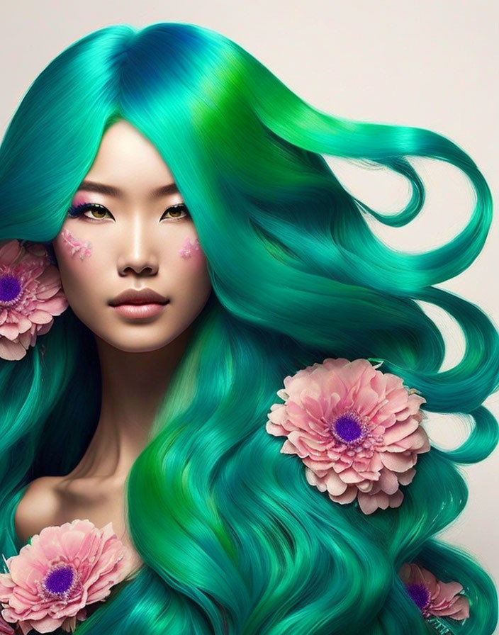 Vibrant teal hair woman with pink flowers and ethereal makeup