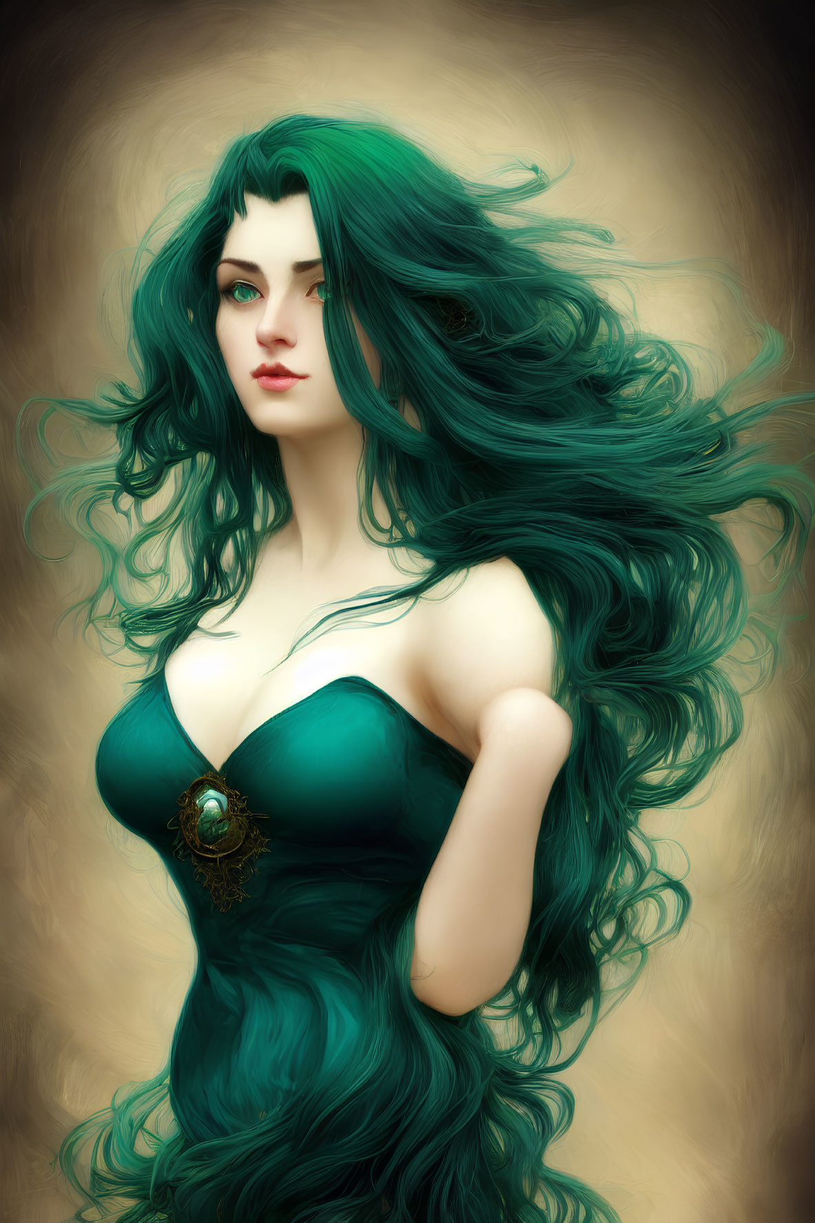 Detailed illustration of a woman with flowing green hair and dress