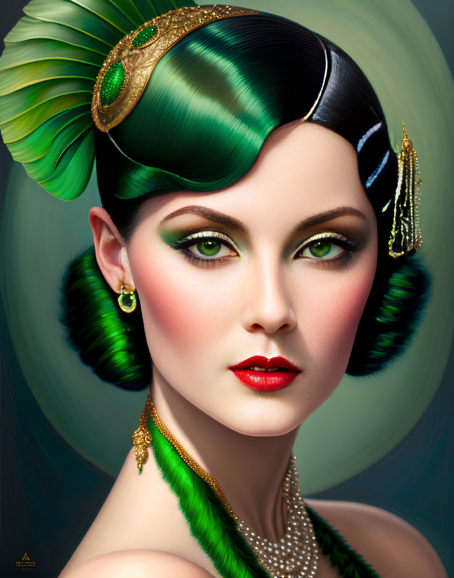 Detailed portrait of a woman with green feather accessories, elaborate makeup, pearl necklace, and vintage hairstyle