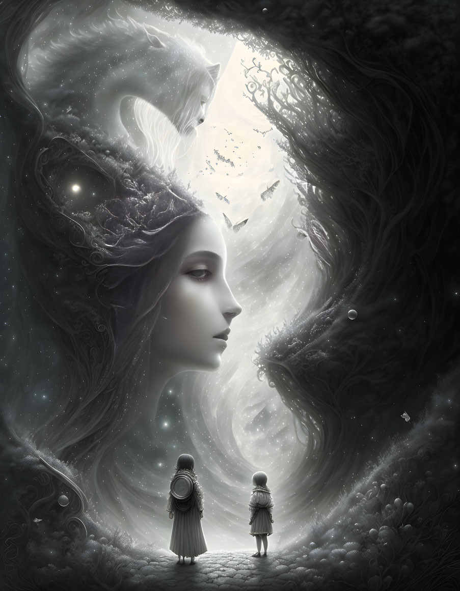 Monochrome fantasy illustration of small figures and giant ethereal woman's face.