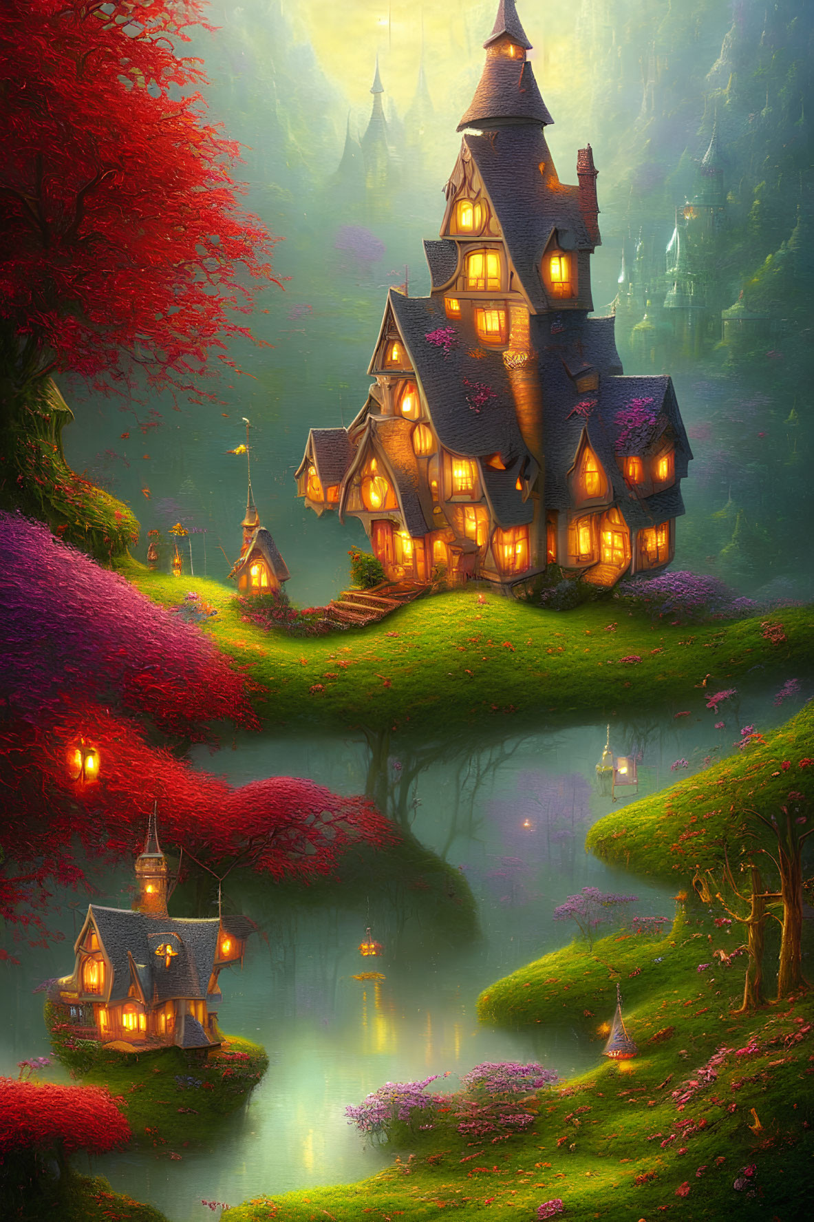 Whimsical house illustration in magical forest with river