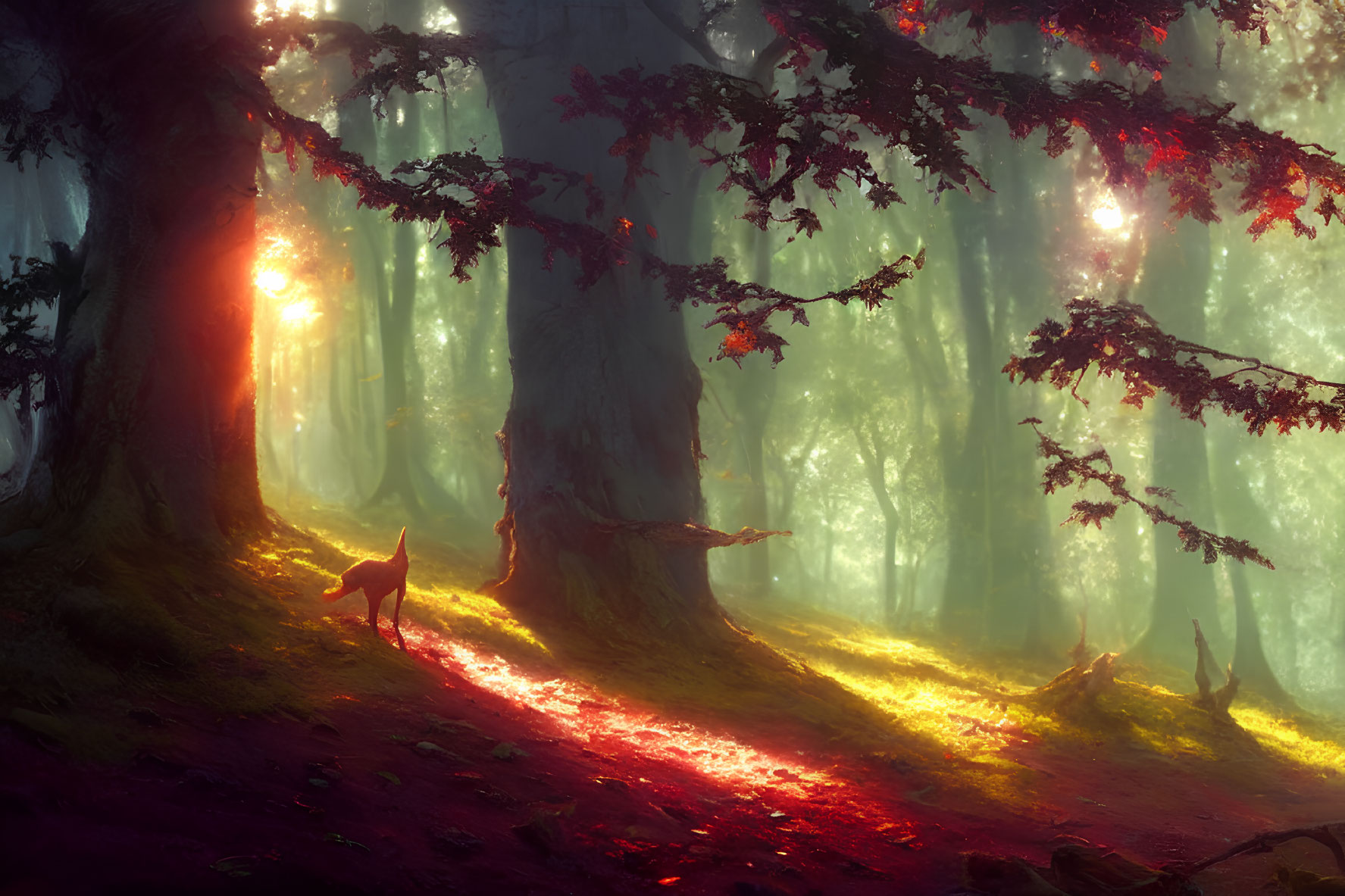 Enchanting forest sunrise with fog, red leaves, and deer