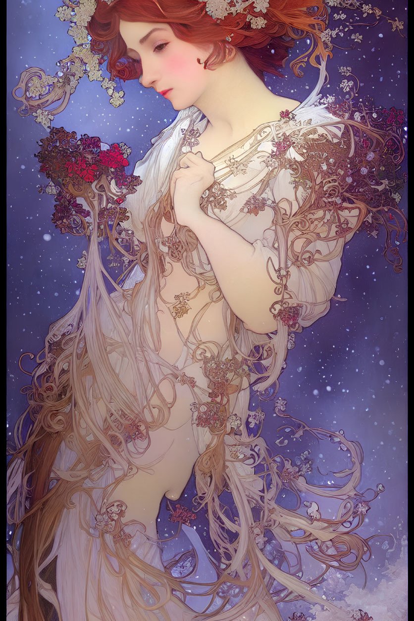 Ethereal illustration of woman in ornate garments amidst celestial background