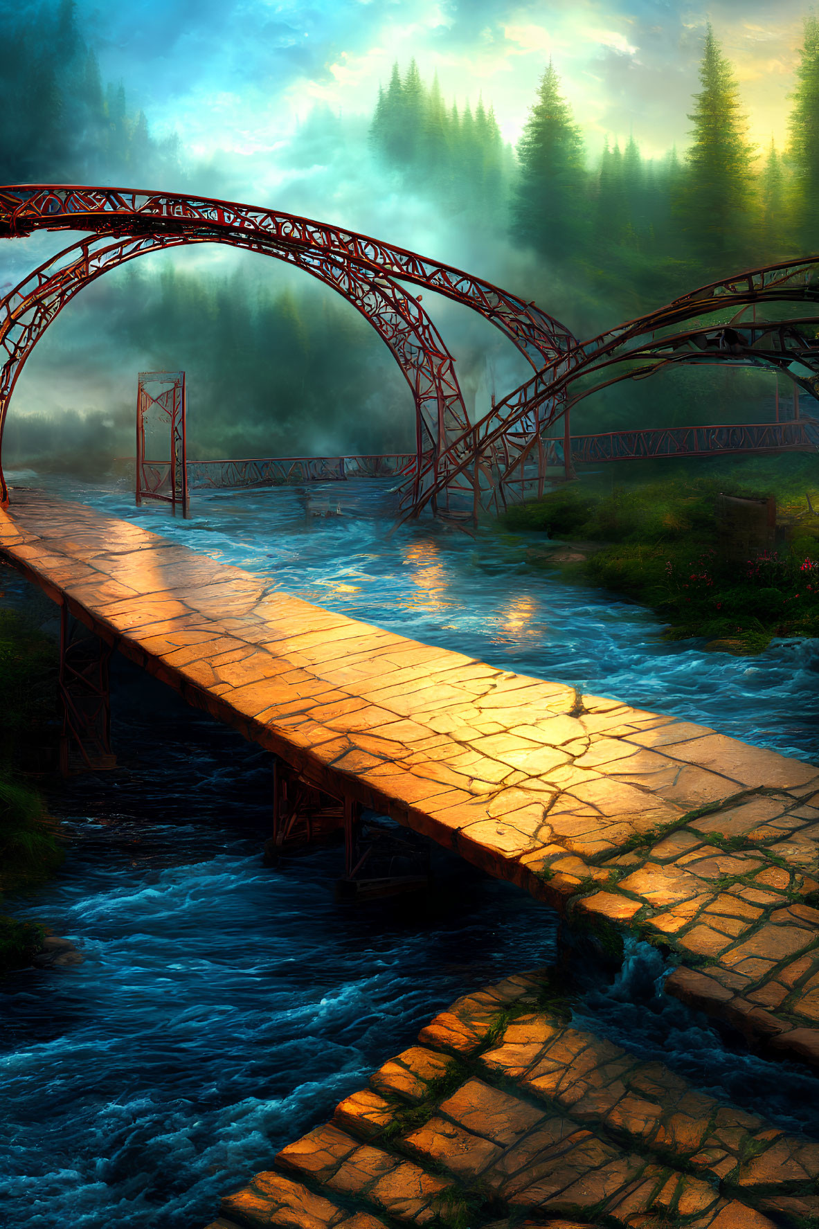 Arched Bridge Over Blue River in Sunlit Misty Landscape