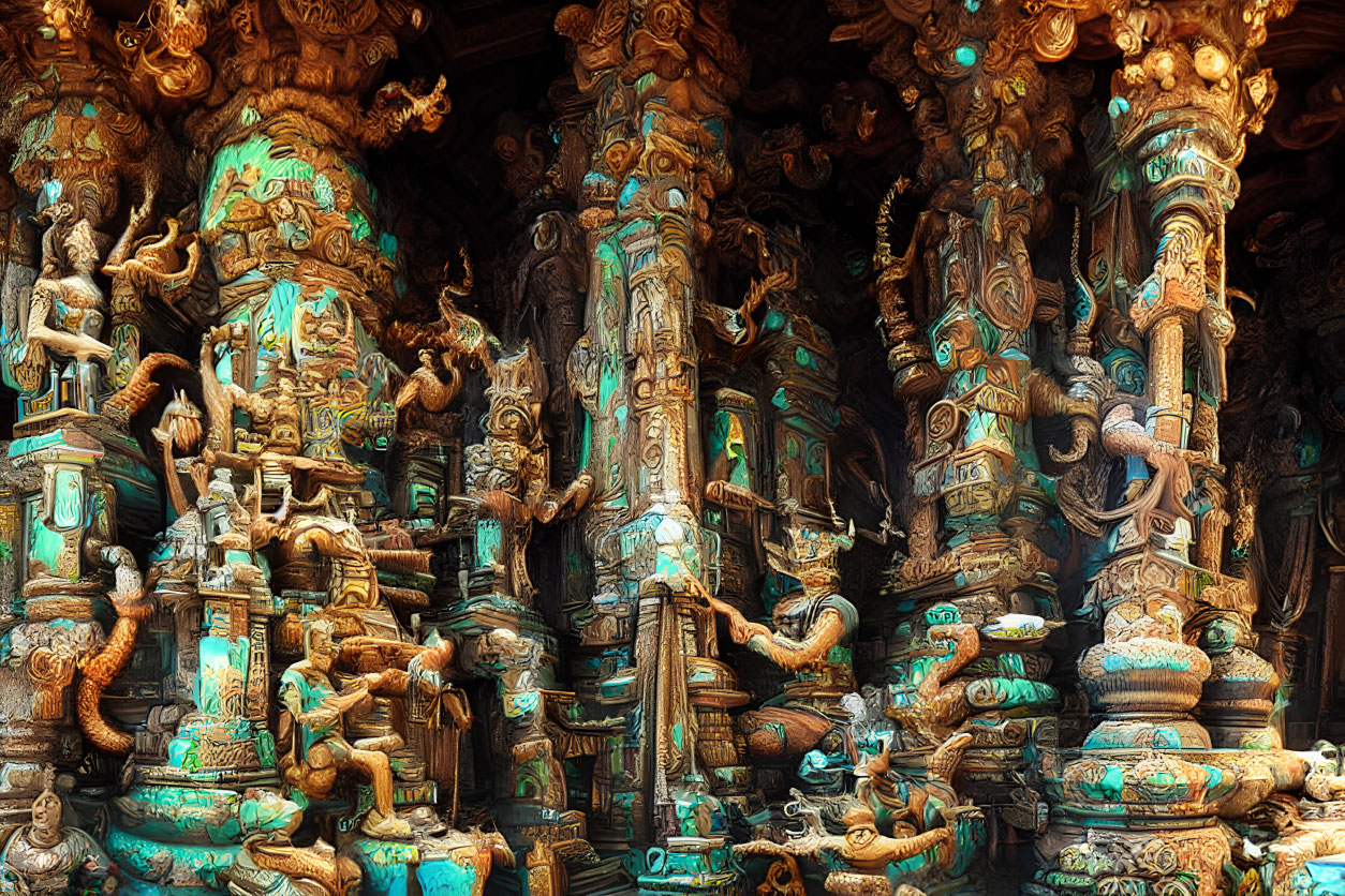 Mythological-themed wooden sculptures and pillars with intricate carvings in earthy tones