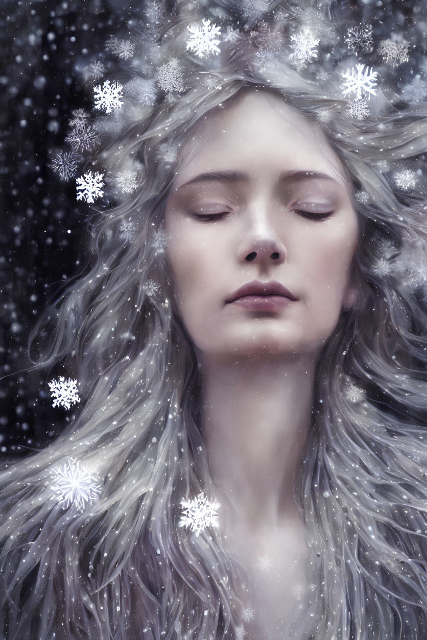 Pale-skinned woman with long white hair adorned with snowflakes in a serene snowfall