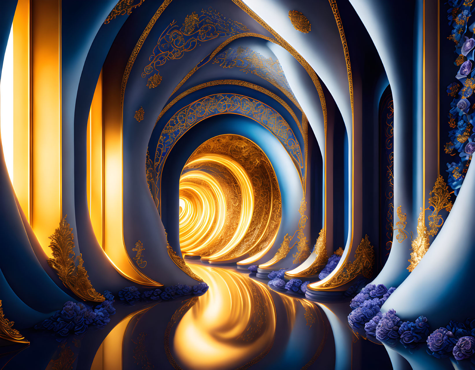 Ornate surreal corridor with blue and gold drapes and reflective floors