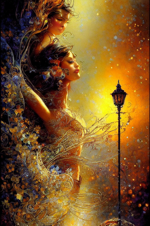 Ethereal women in golden, floral attire near glowing street lamp