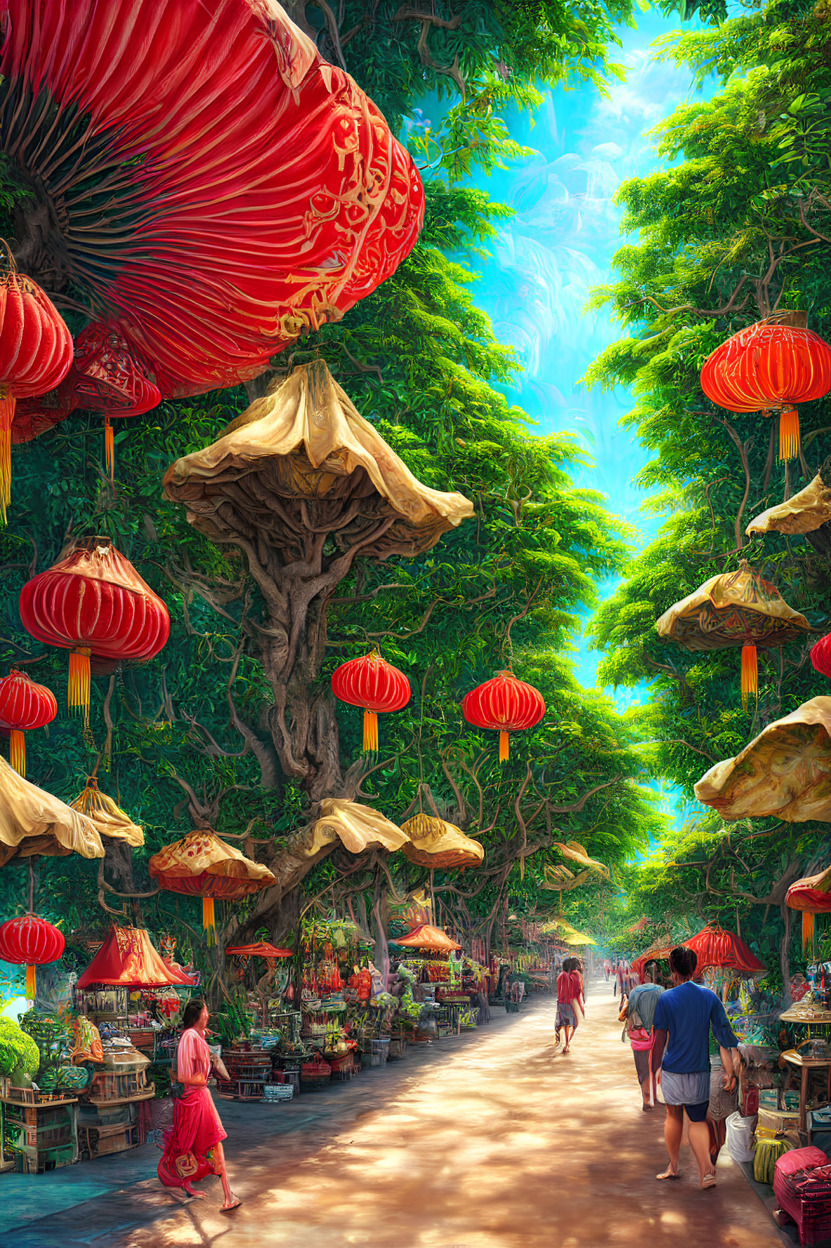 Colorful street market with red lanterns, lush greenery, mushroom stalls, and people.