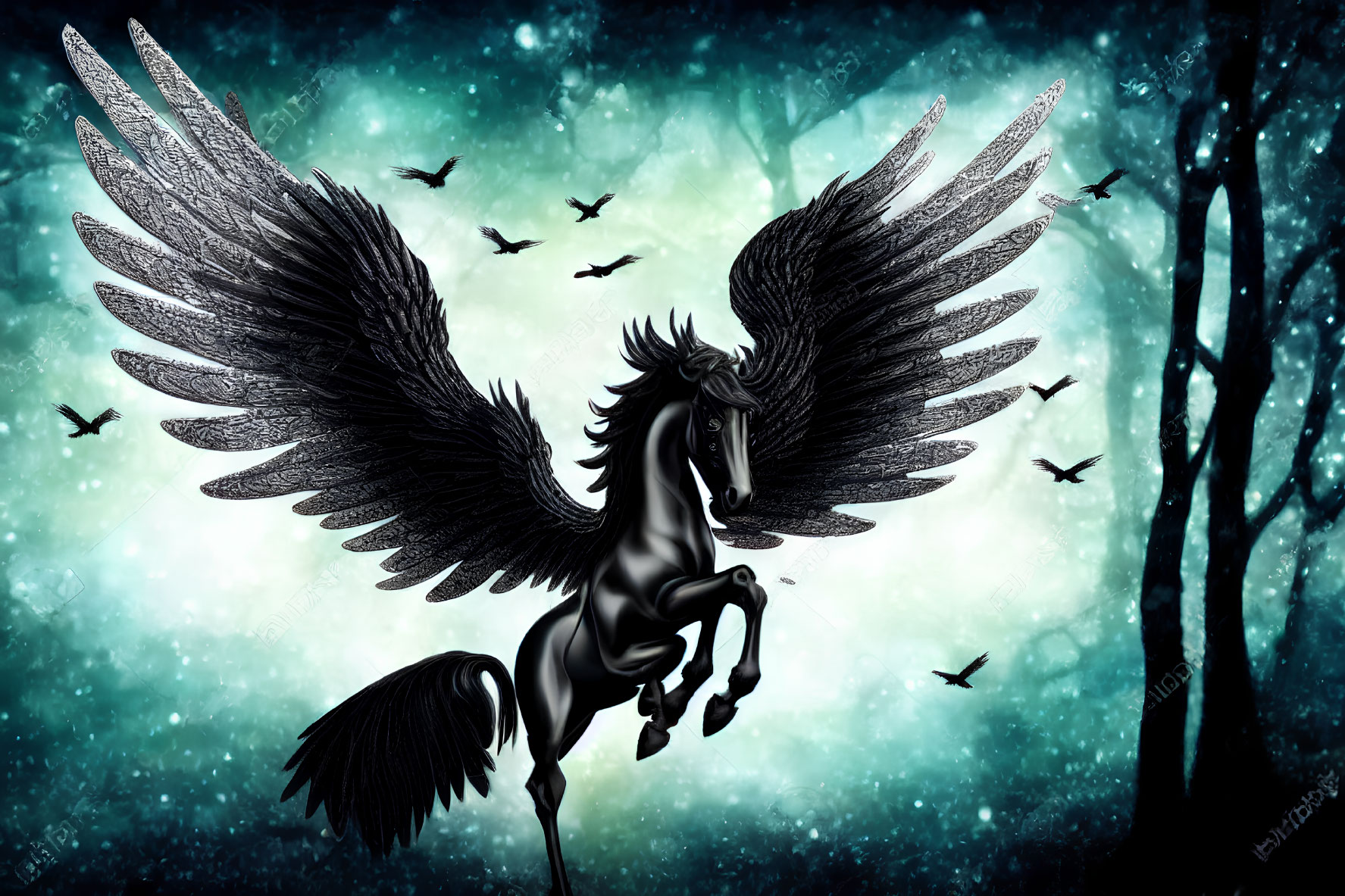 Black Pegasus Flying in Starlit Sky with Silhouetted Birds and Blue Forest