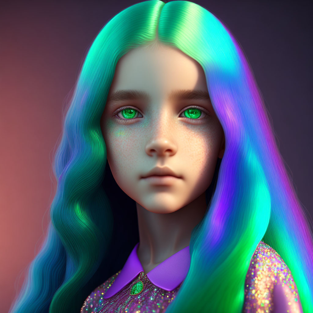 Vibrant multicolored hair and striking green eyes in digital portrait