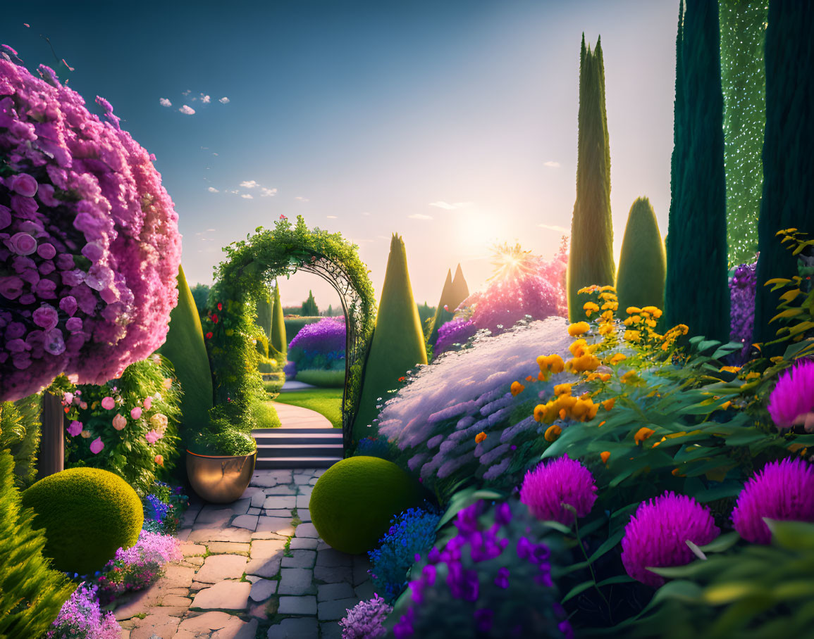 Colorful Flower-lined Garden Path at Sunset
