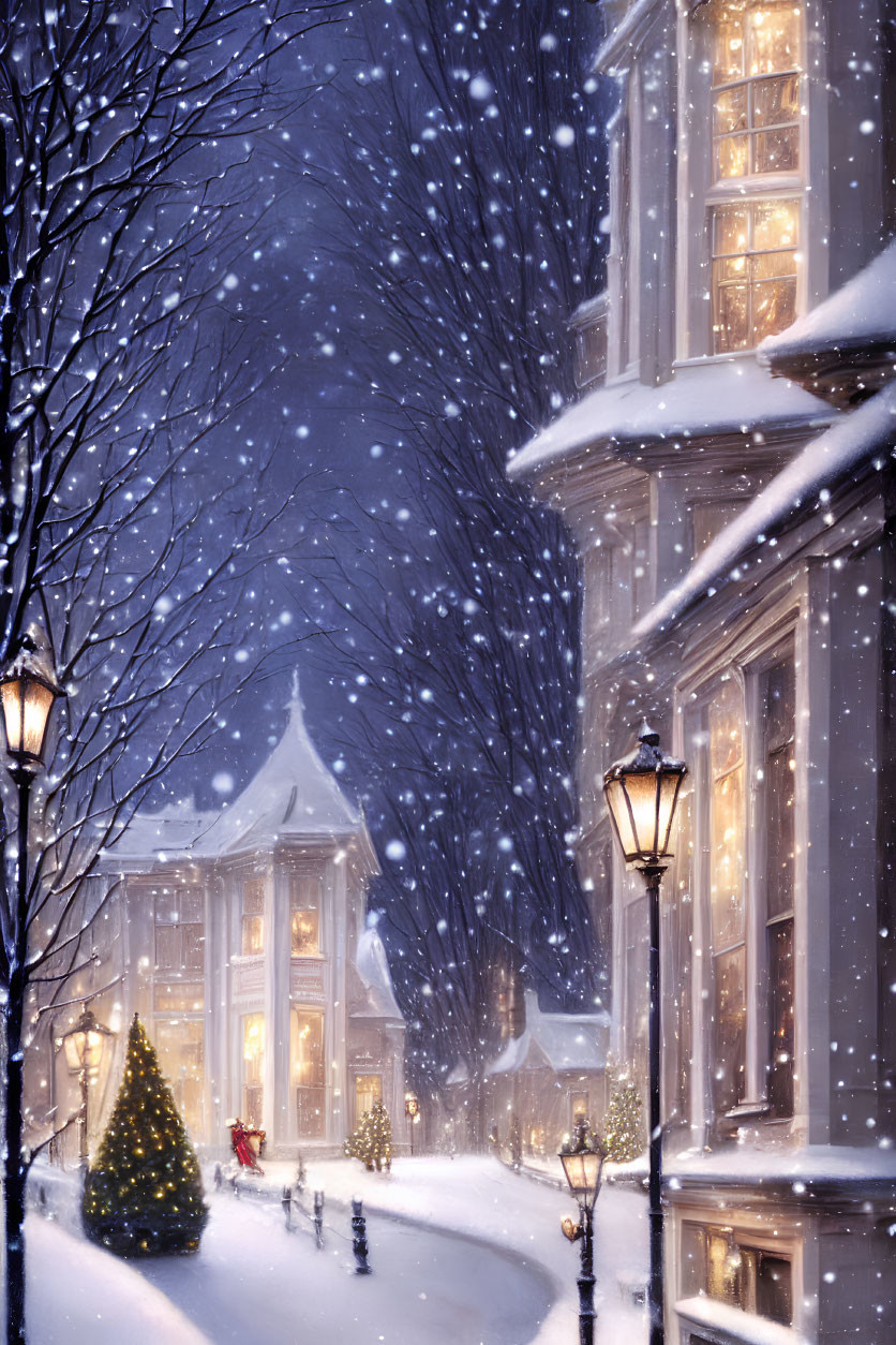 Snowy Winter Street with Christmas Tree and Warm Lights