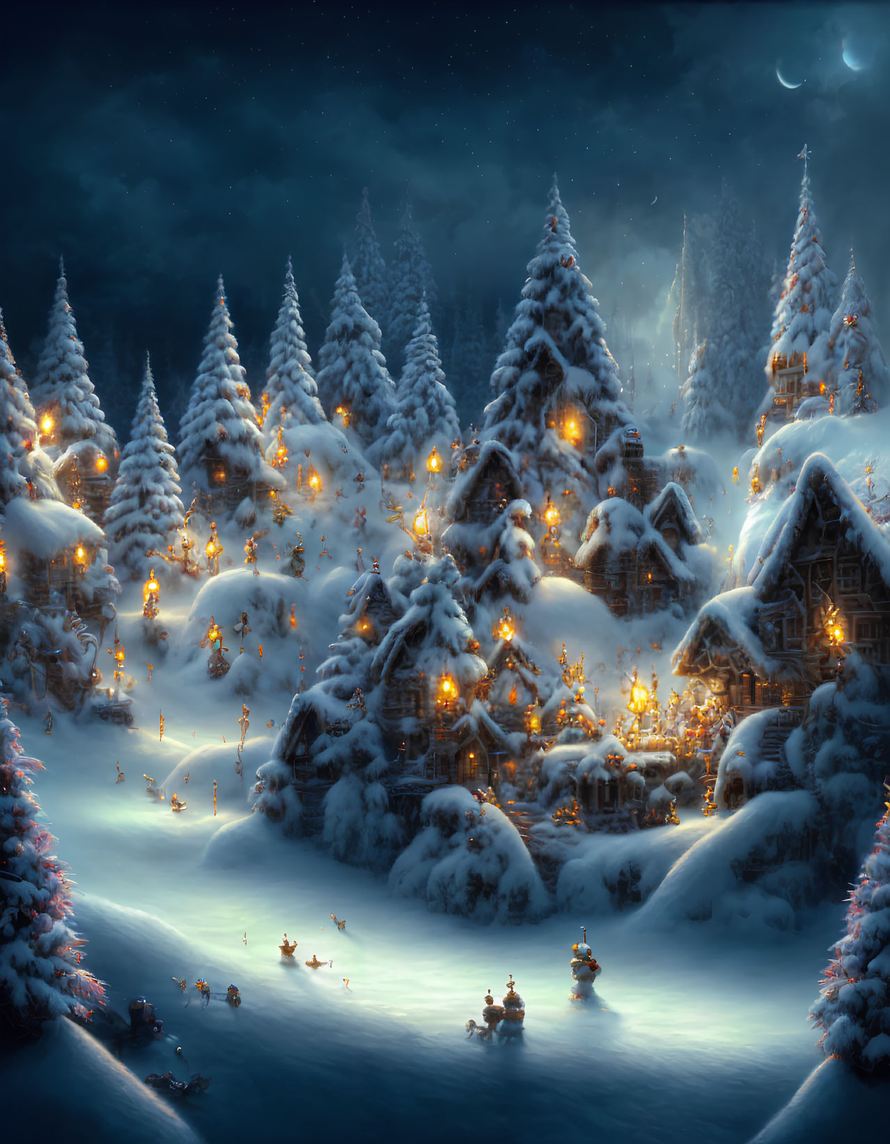 Snow-covered village with glowing windows, ice rink, and starry sky