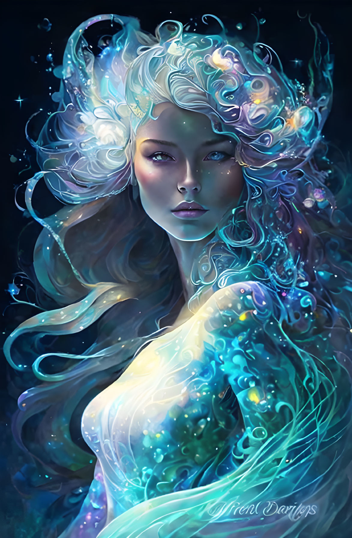 Illustration of woman with luminescent hair and stars, exuding ethereal beauty.