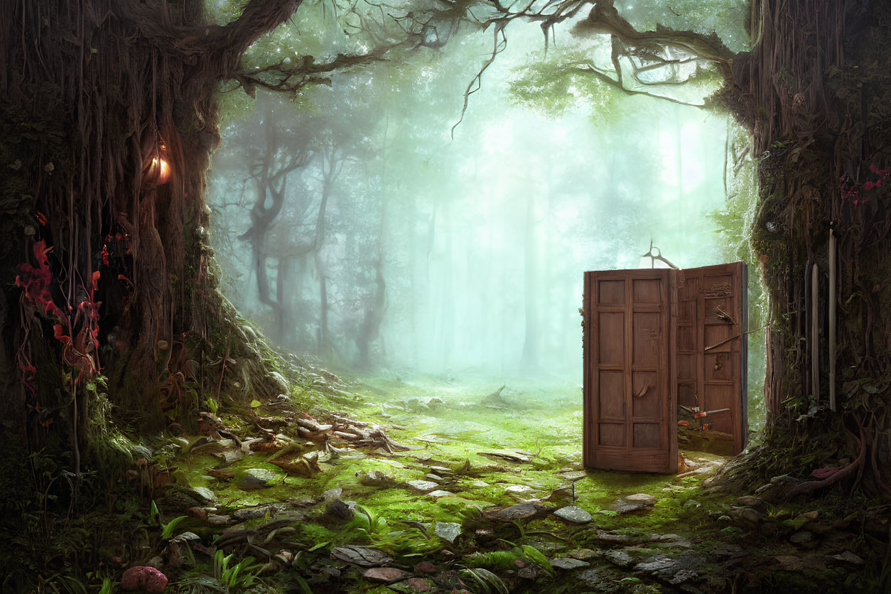 Mystical forest clearing with open wooden door and sunlight filtering through trees