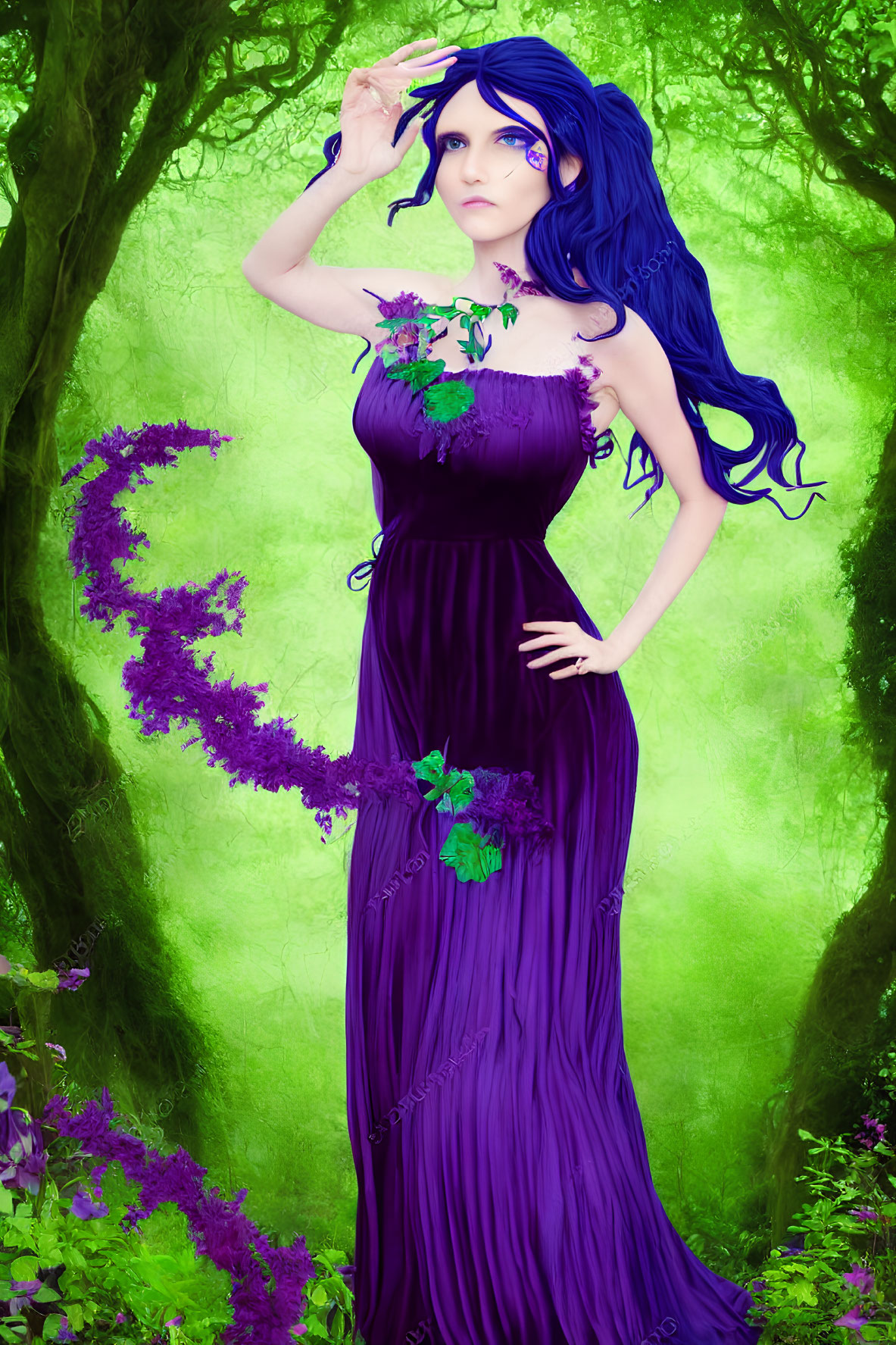 Blue-haired woman in purple dress poses in mystical forest with vines wrapped around her