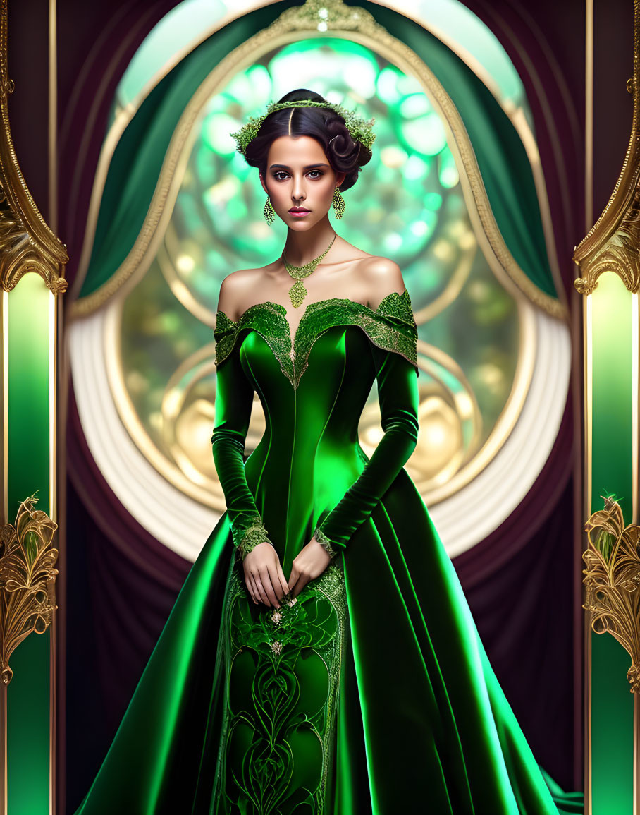 Regal woman in green gown with gold detailing before ornate arched window