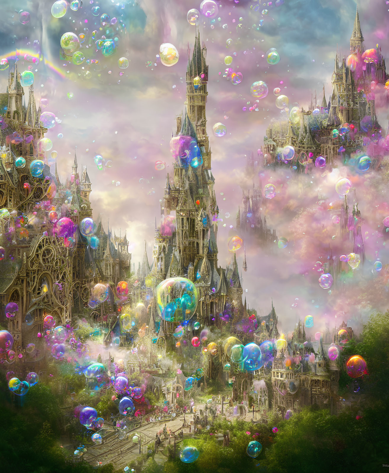 Fantastical castle in clouds with colorful bubbles and lush greenery