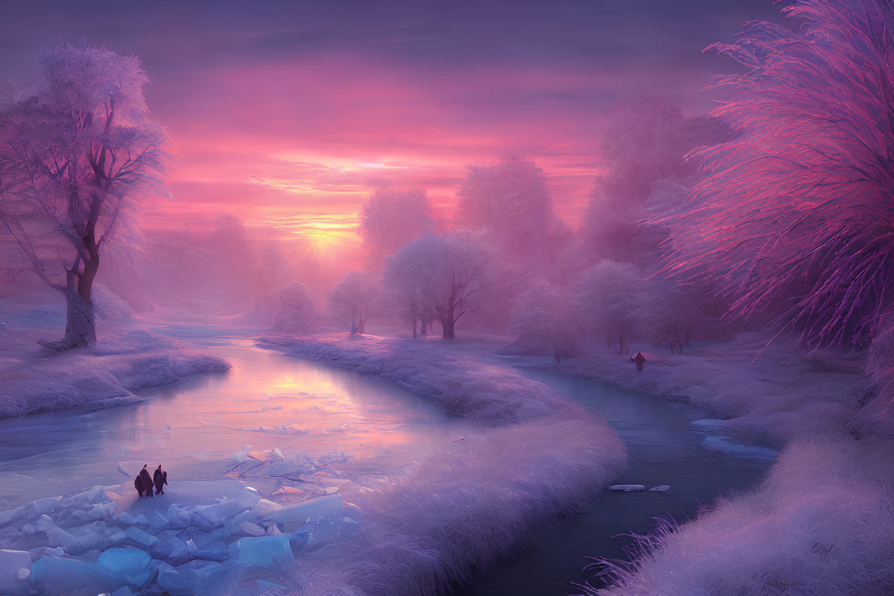 Surreal winter landscape with frozen river, silhouetted figures, and frost-covered trees at