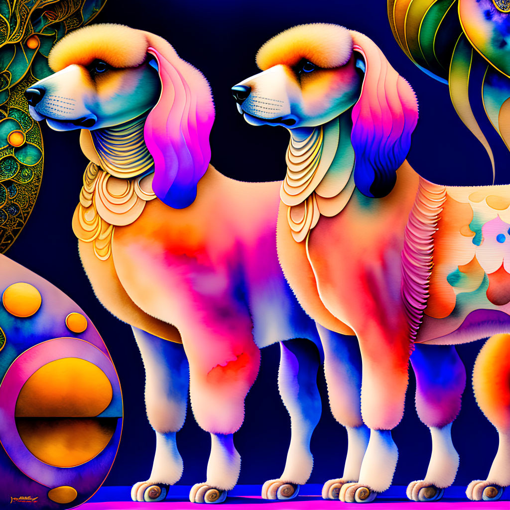 Vividly colored stylized image of regal fantastical canines with Egyptian-like collars and