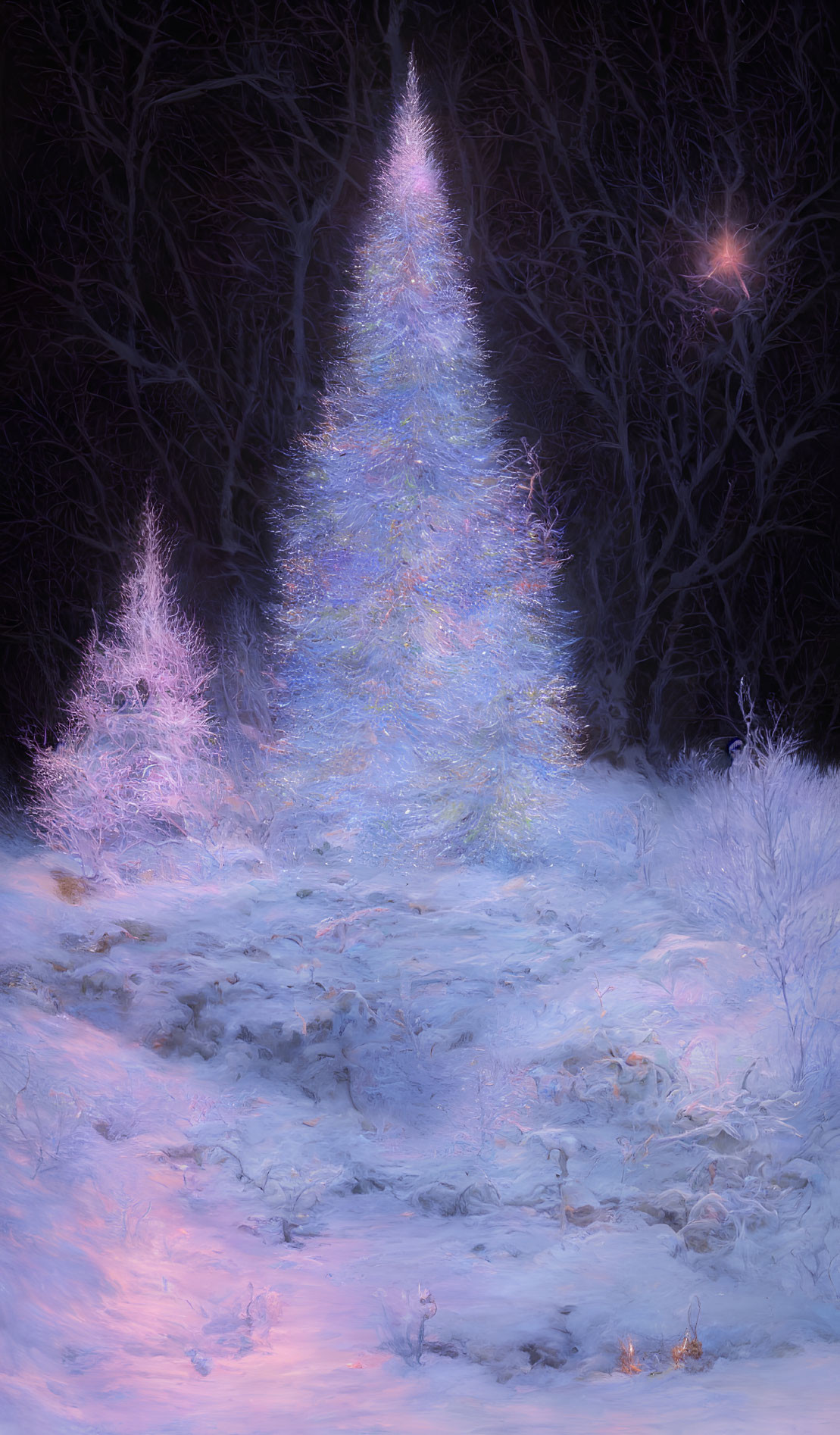 Enchanted snowy scene with glowing Christmas tree in twilight forest