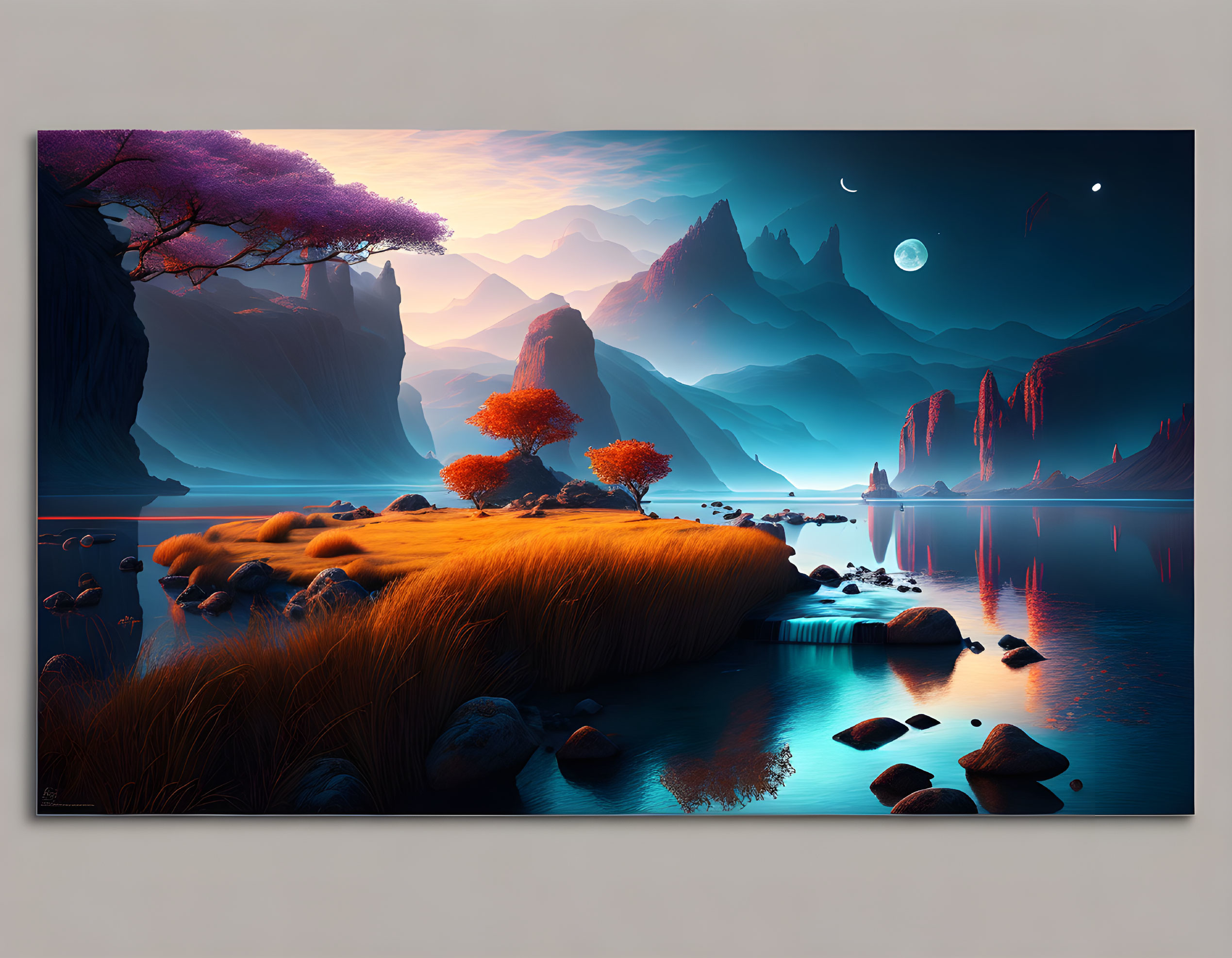 Tranquil lake, mountains, and starry sky in digital art