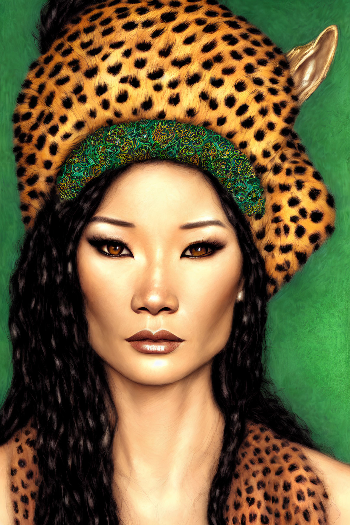 Woman with Black Hair in Leopard Print Hat on Green Background