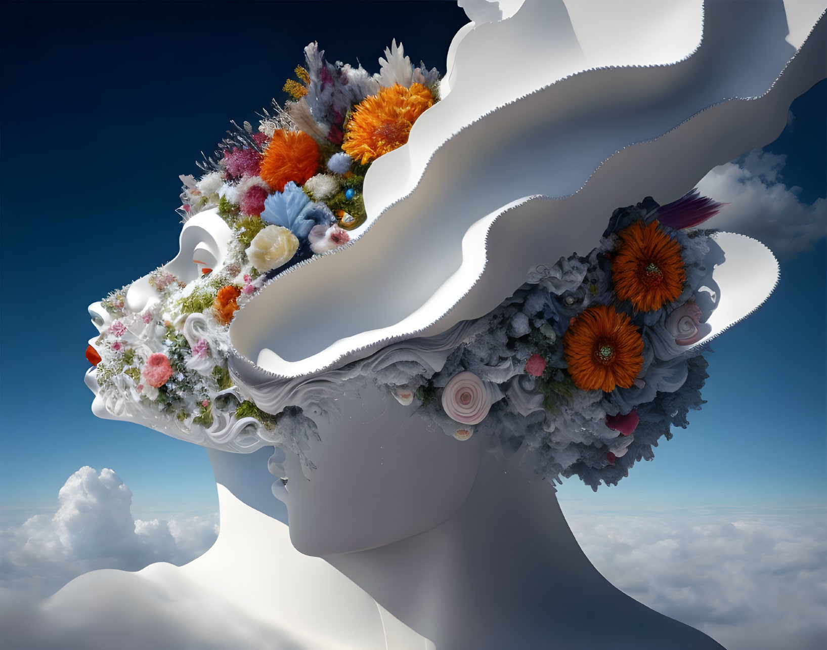 Surreal white sculpture face with cloud-like forms and colorful floral arrangement