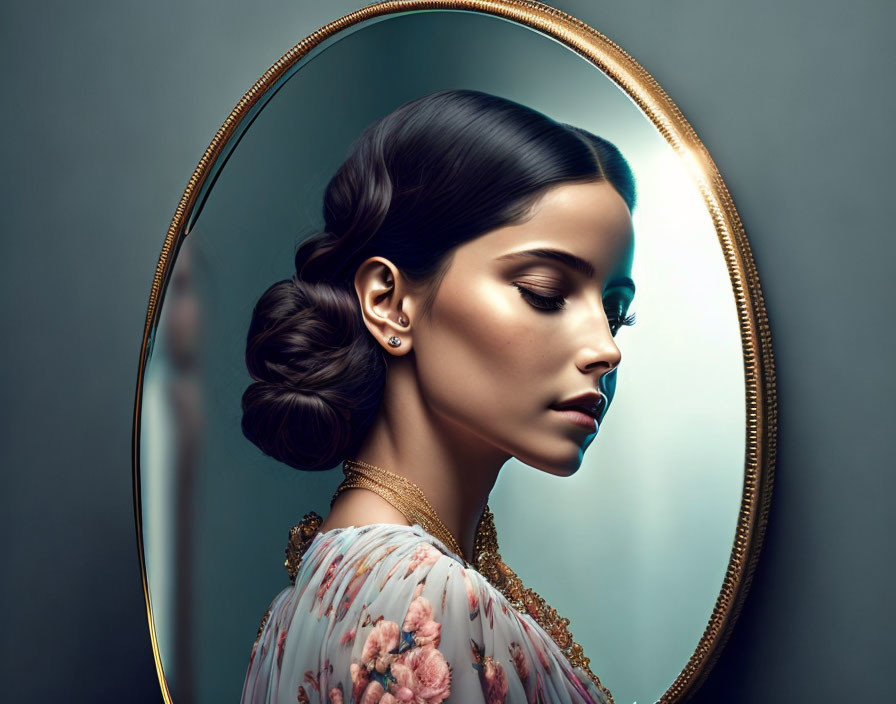 Elegant woman with classic hairstyle and makeup reflected in oval mirror on blue background