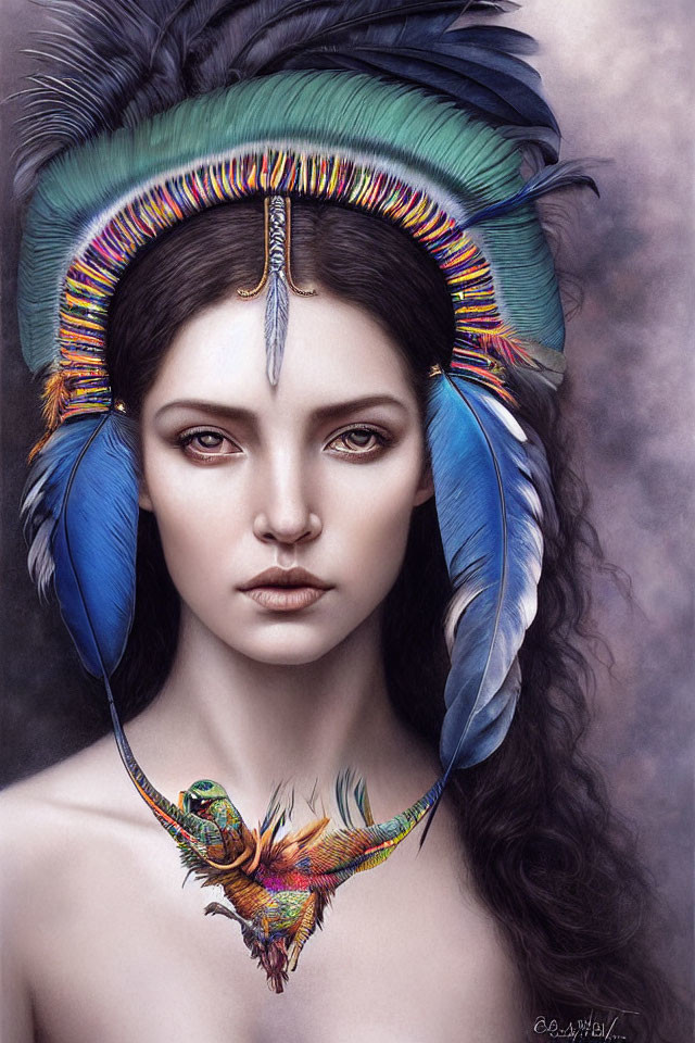 Woman wearing feathered headdress and bird pendant gazes intently with dark hair.