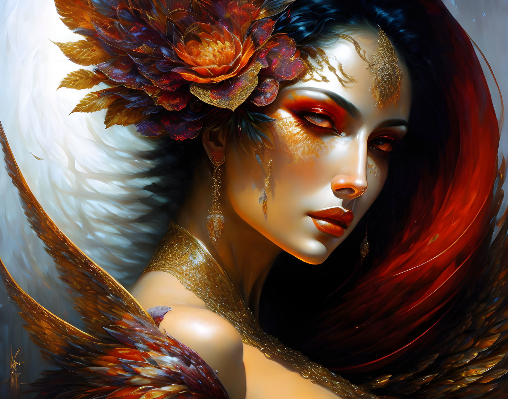 Digital Artwork: Woman with Red Eye Makeup, Gold Adornments, and Feathered Headdress