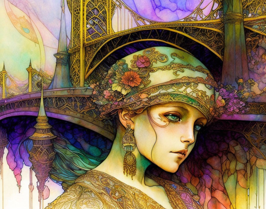 Detailed Illustration: Woman with Floral Headdress & Ethereal Architecture