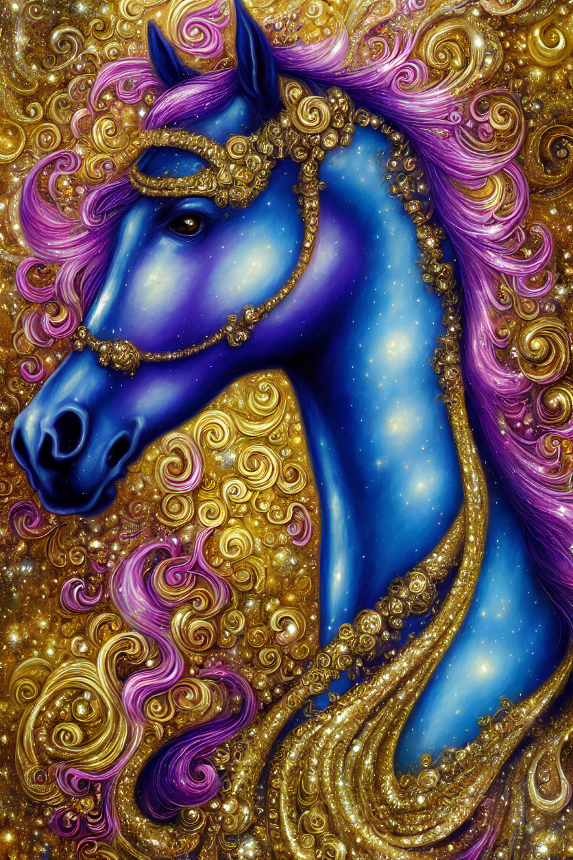 Celestial horse painting with blue star-speckled coat on golden background