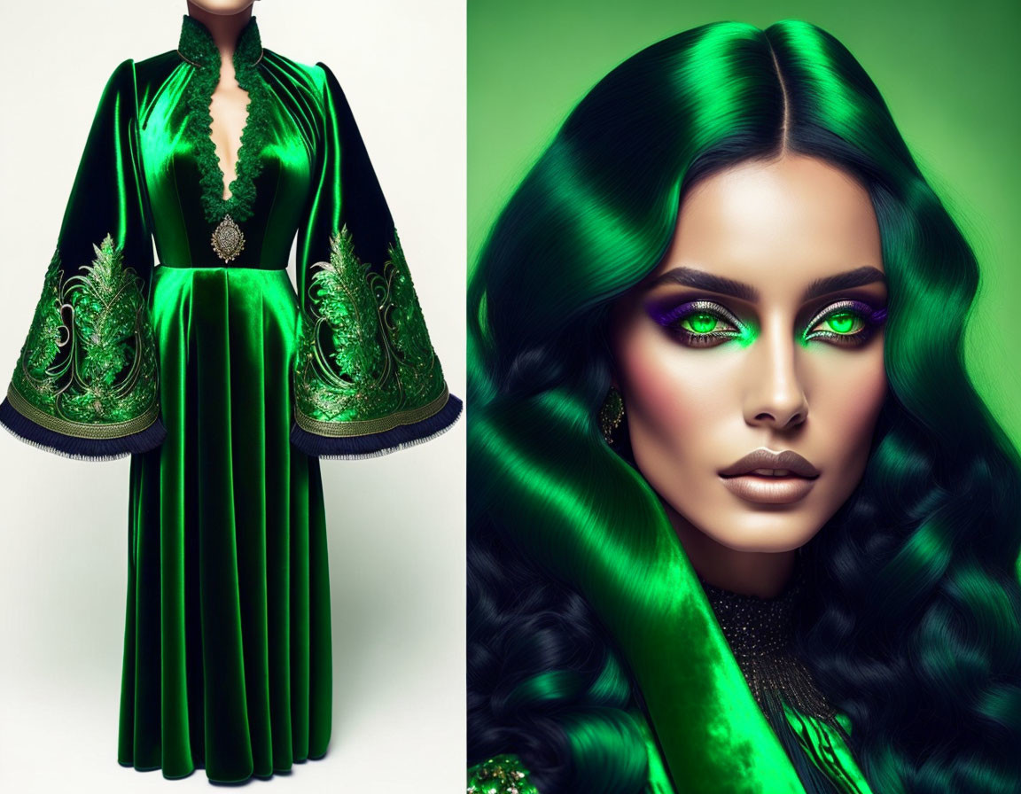 Woman in green velvet dress with intricate embroidery and vibrant eye makeup.