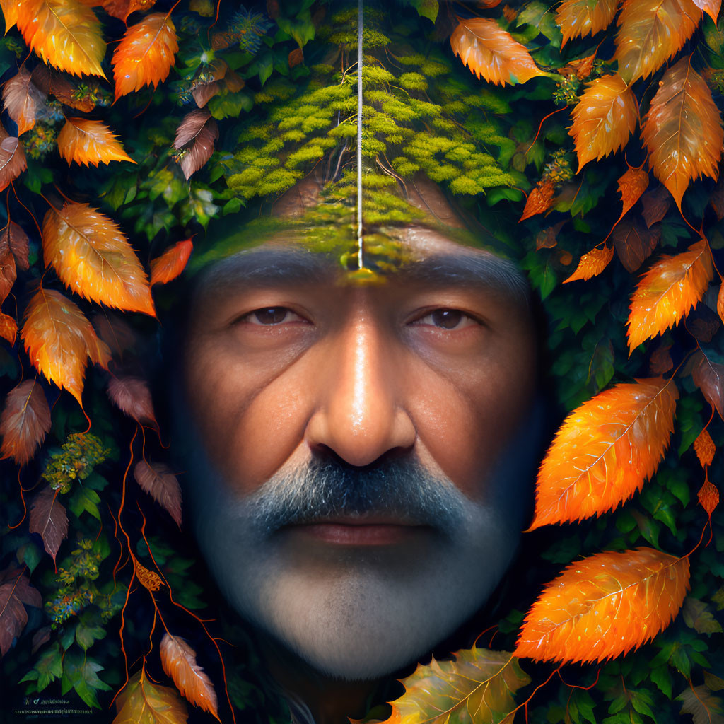 Man's face merges with nature: surreal portrait with leafy canopy and orange leaves.