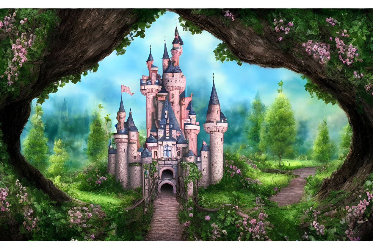 Whimsical castle with spires in lush forest clearing