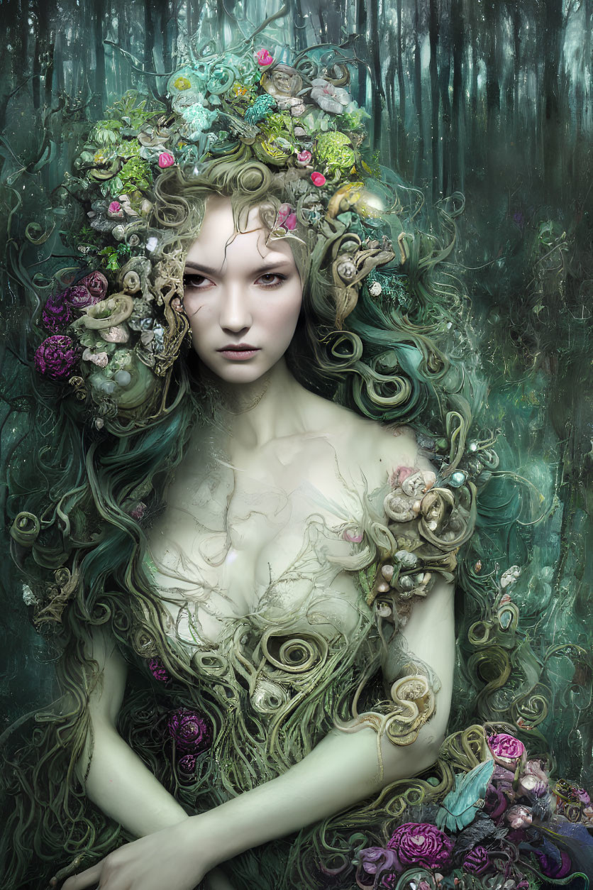 Fantastical portrait of woman with floral adornments in ethereal forest.