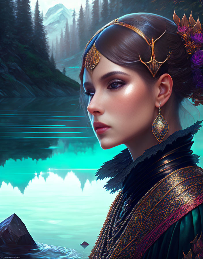 Digital artwork of woman with stylized headdress and earrings in mystical lake and mountain scenery