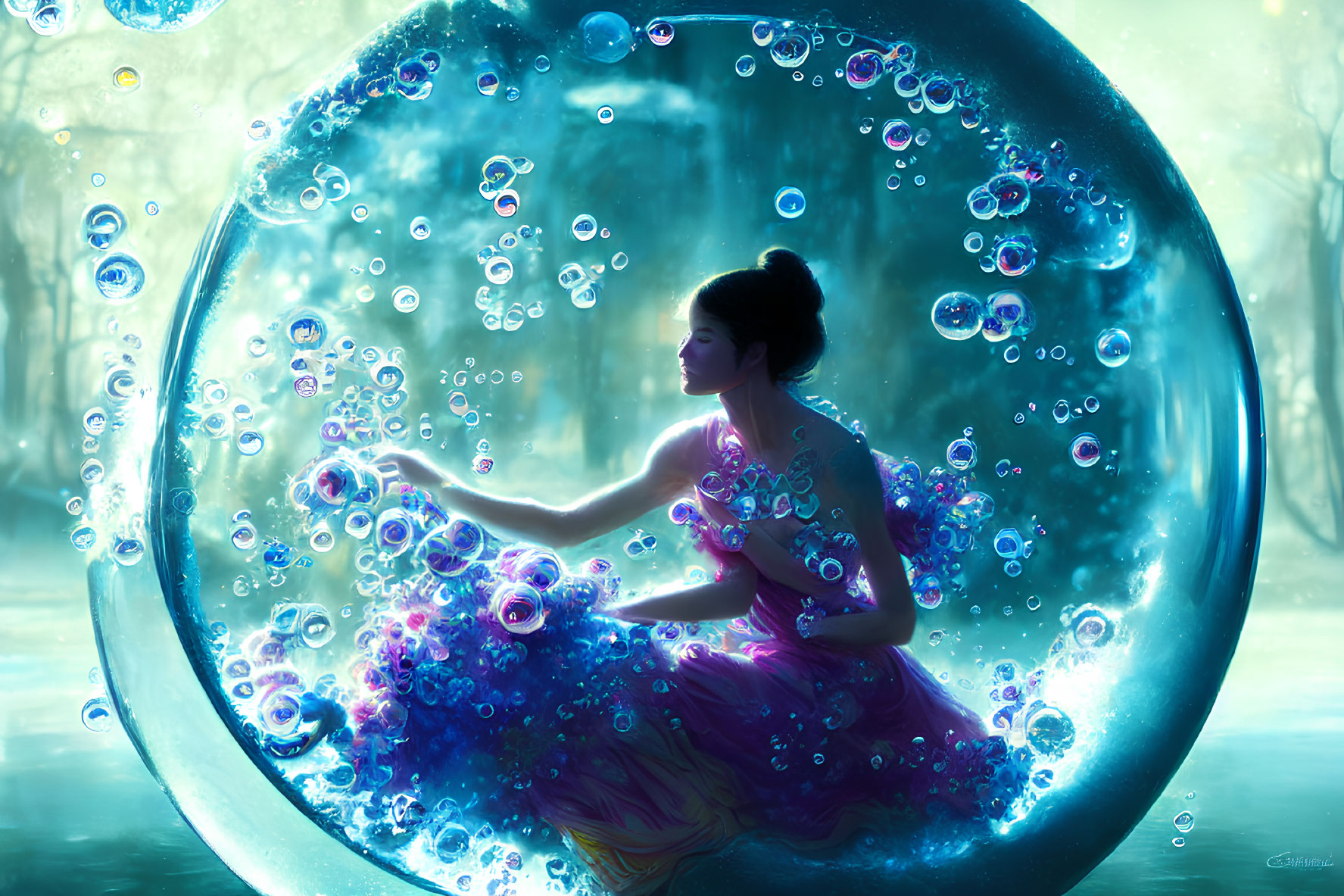 Woman in flowing dress surrounded by bubbles on blue backdrop