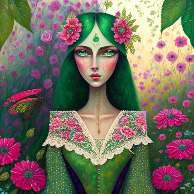 Colorful illustration of a green-skinned woman with floral decorations and butterfly