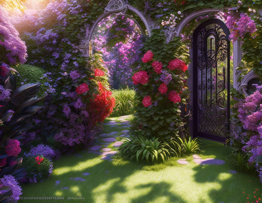 Vibrant flower garden pathway with lush greenery and ornate metal gate