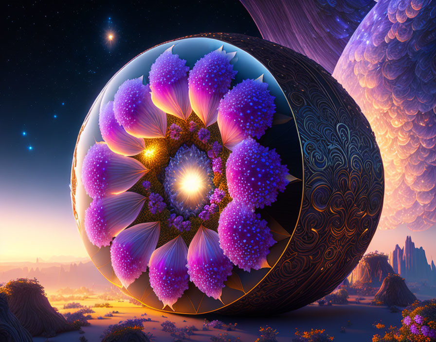 Surreal landscape featuring large fractal sphere with flower patterns, starry sky, wing-like structures