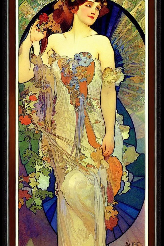 Woman in flowing gown with floral motifs in Art Nouveau style poster