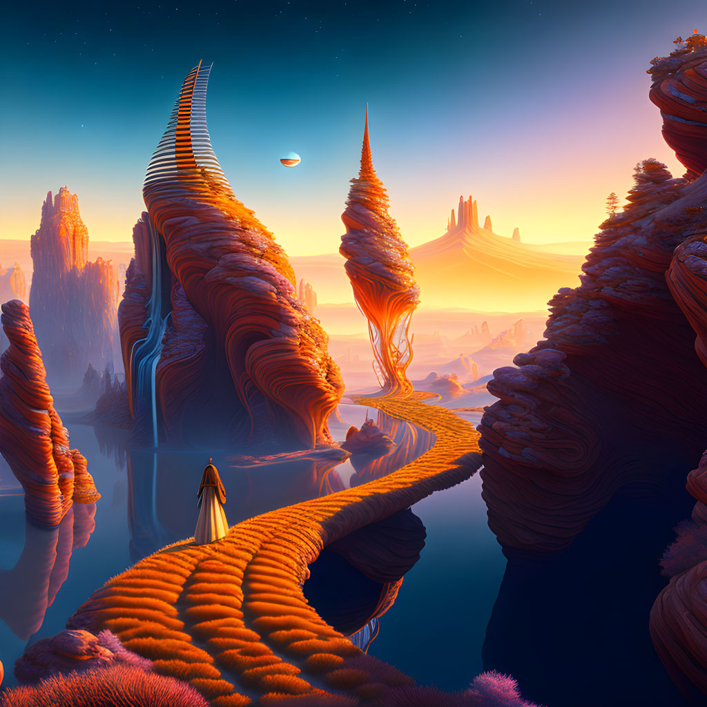 Alien landscape with towering spires and boat-like vehicle