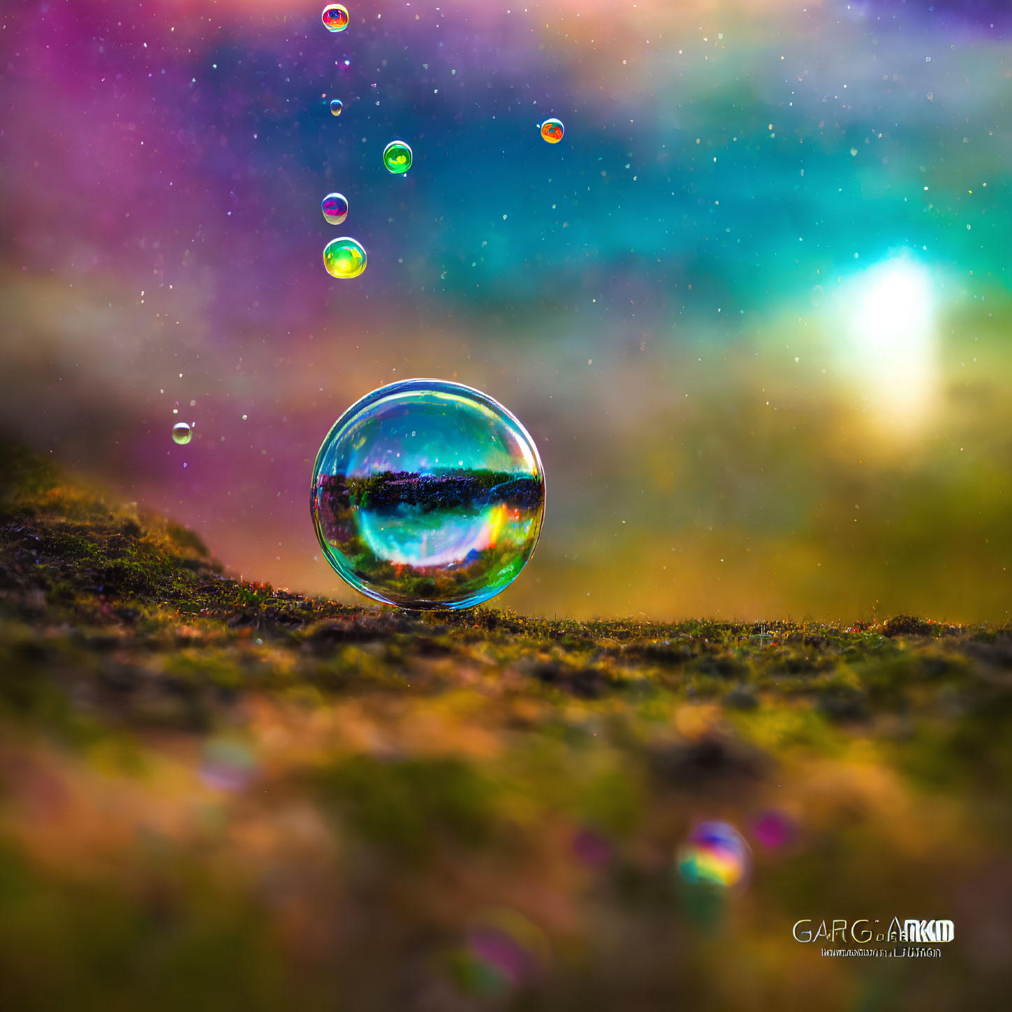 Colorful Soap Bubbles on Mossy Surface with Bokeh Lights