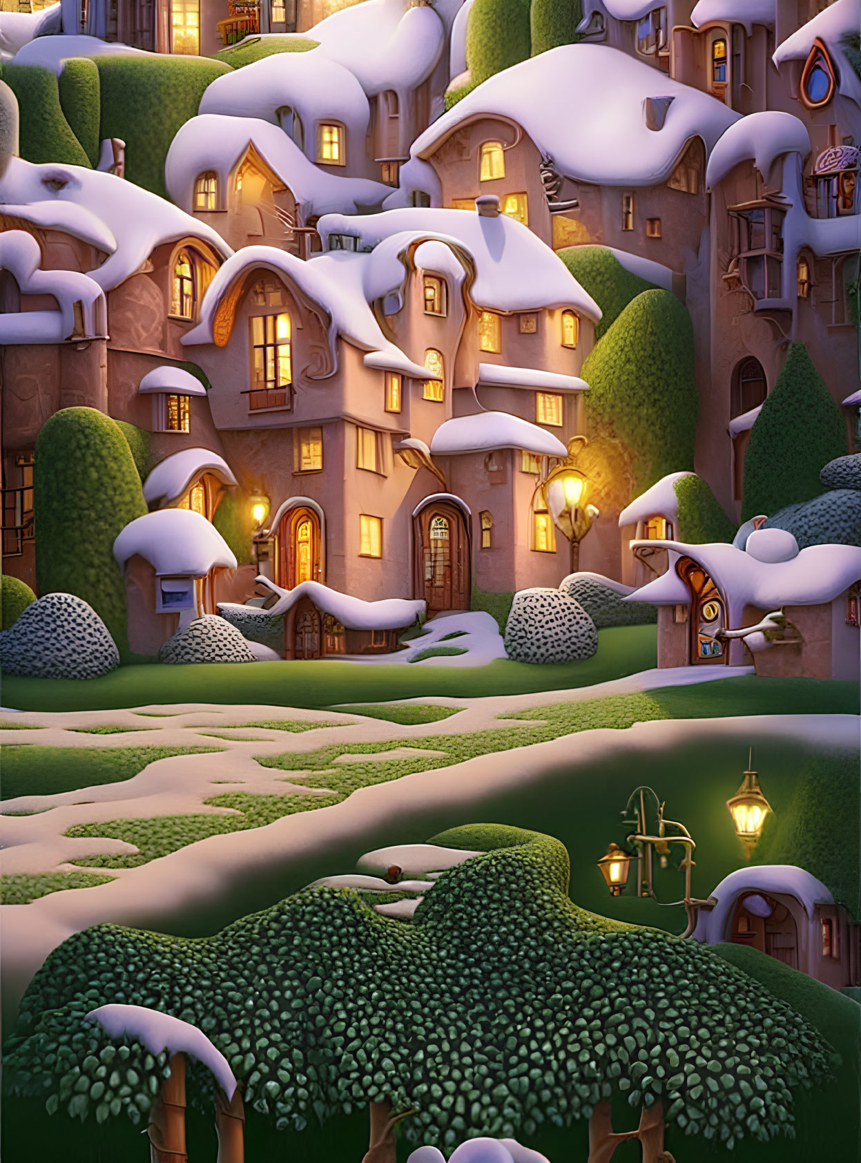 Snow-covered winter village with glowing windows and street lamps at dusk