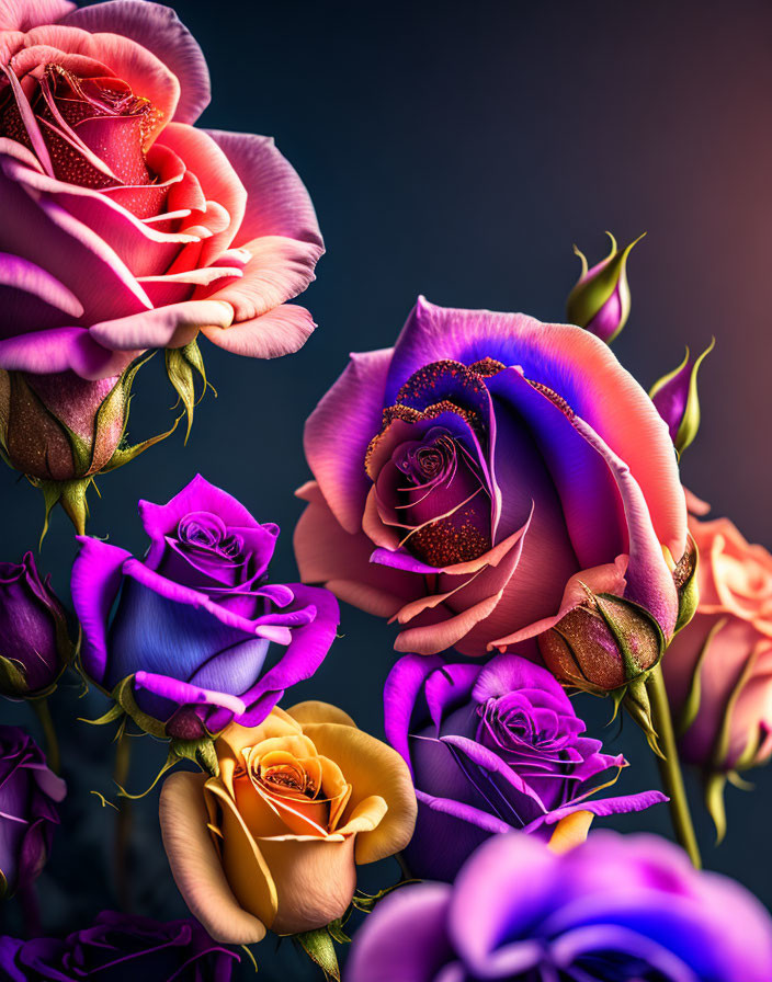 Multicolored Roses with Dewdrops on Dark Background in Purple, Orange, and Pink