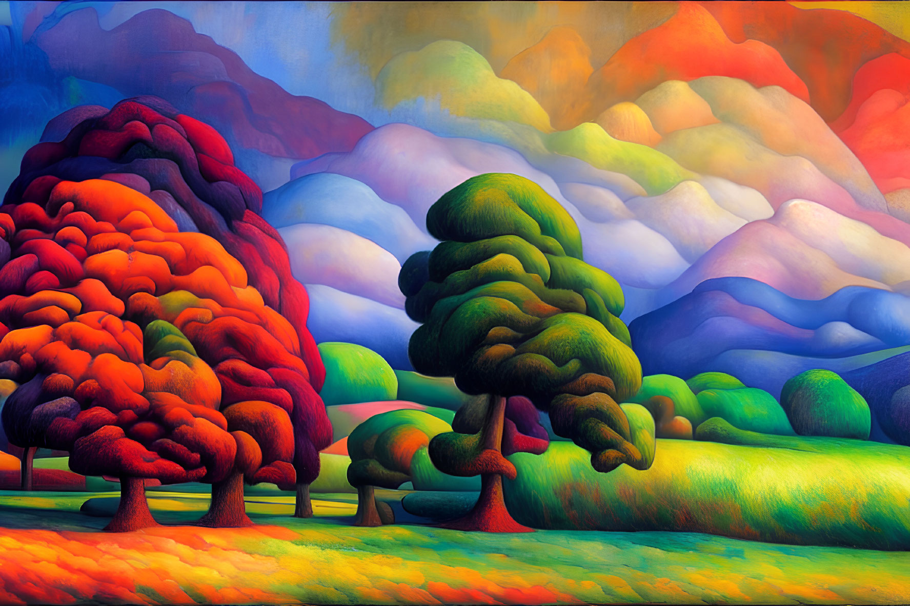 Colorful Stylized Landscape with Layered Hills and Whimsical Trees